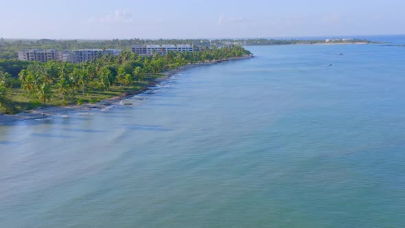Playa Nueva Romana, San Pedro de Macoris in Dominican Republic. Aerial forward alt