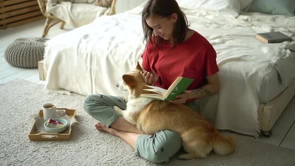 Woman Petting Dog on Her Knees While Educating Reading Book Avki alt