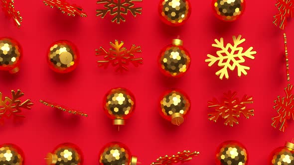 Golden Christmas rotating balls and snowflakes.