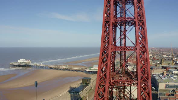 Stunning aerial footage, view of Blackpool Tower by the award winning Blackpool beach, A very popula alt