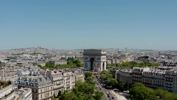 Drone Aerial View of Arc of Triumph Paris France alt