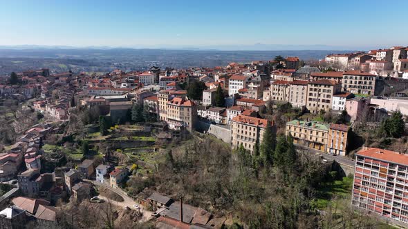 Aerial View of Dense Historic Center of Thiers Town in PuydeDome Department AuvergneRhoneAlpes alt