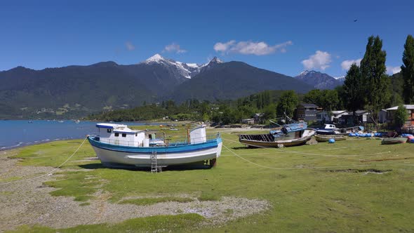Aerial of Cochamo Village, Reloncavi Marine Strait at Llanquihue National Park, Chile, South America alt