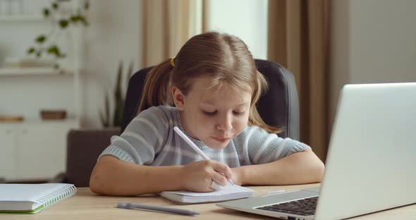 Portrait of Cute Studious Young Girl Caucasian Child Using Laptop Computer Speaking with Teacher alt