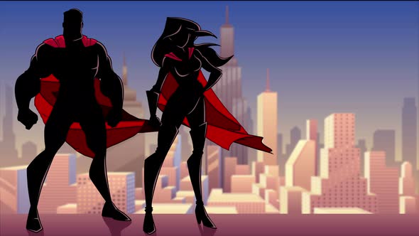 Superhero Couple Standing City Silhouettes