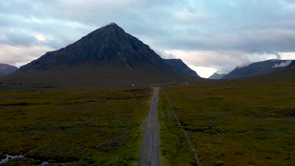 Aerial drone view of the highlands near Glencoe in Scotland
