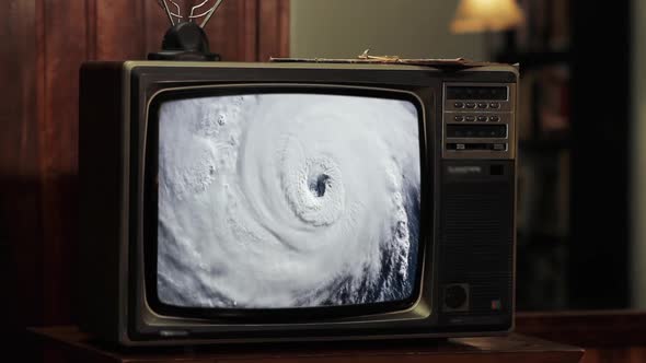 Hurricane from Space on a Retro Television Set. alt