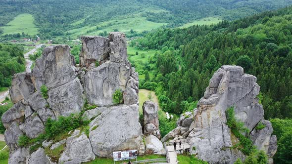 Aerial Drone View of Famous Ukrainian Medieval Cliffside Tustan Fortress Ruins alt
