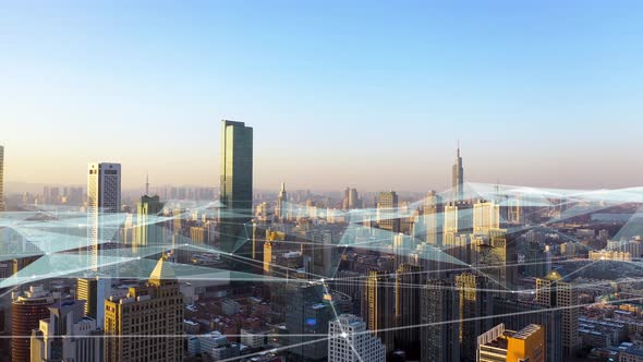 smart Connected city skyline. Futuristic network concept, city Technology. alt