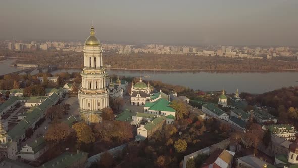 Aerial Kyiv Pechersk Lavra churches and monastery on hills of Dnipro river Ukraine