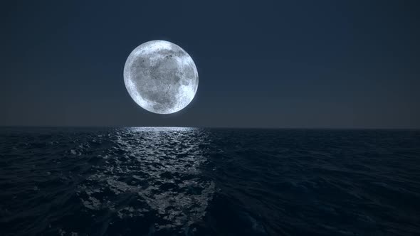 Animation of bright glowy moon reflecting on the dark surface of the calm ocean. alt