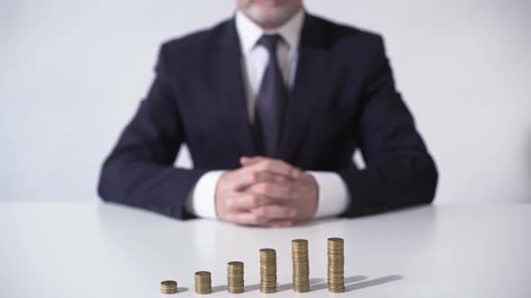 Wealthy Man Sitting in Front of Coin Piles, Growth of Deposit Interest, Banking alt