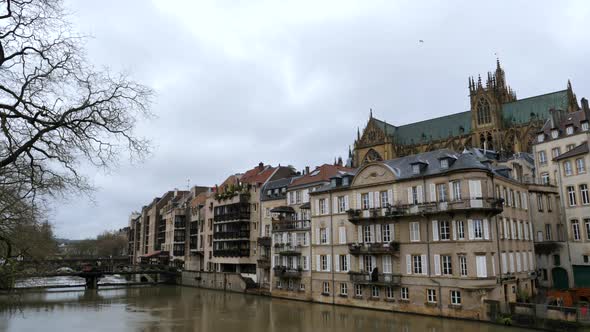 Landscape from Metz on cloudy day. St. Stephens Cathedral, right background alt