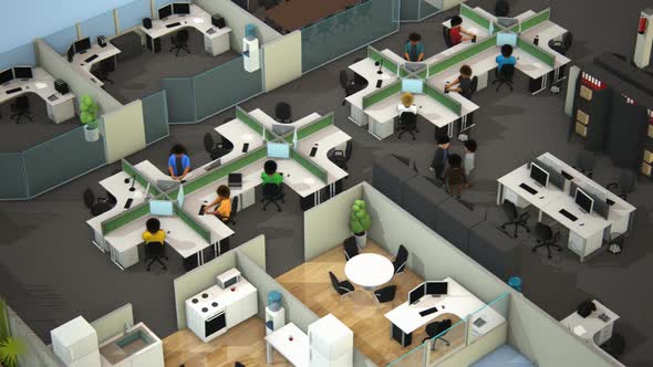 Aerial view of the contemporary corporate open room and employees working in it.