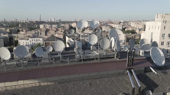 TV Antennas on the Roof of the Building. Aerial. Kyiv, Ukraine, Flat, Gray alt