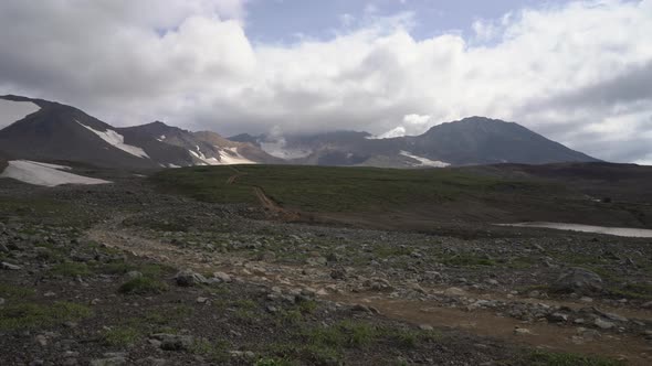 Active Volcano Landscape, Geothermal Clouds Erupting from Crater, Time Lapse