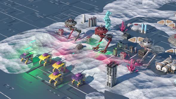 Fake Sci-Fi RPG loop video game gameplay. Battle with spaceships and robots render 3d alt