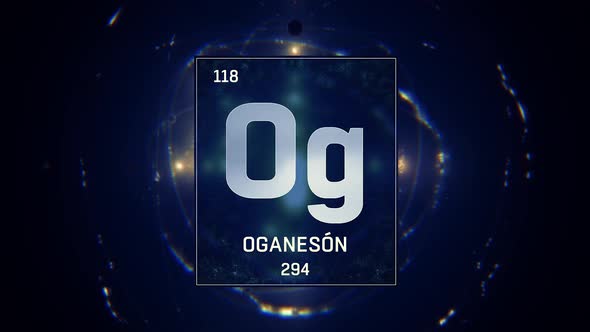 Oganesson as Element 118 of the Periodic Table on Blue Background in Spanish Language