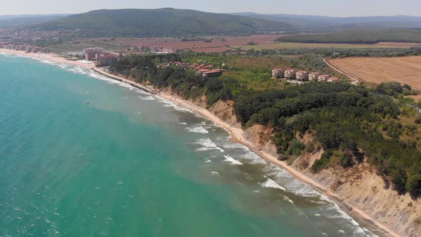 Aerial footage of the beautiful small town and seaside resort of Obzor in Bulgaria alt