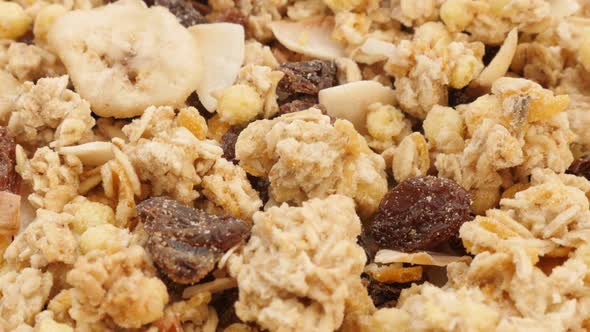 Crunchy tasty muesli food background close-up slow tilt 4K 3840X2160 UltraHD footage - Cereals and d alt