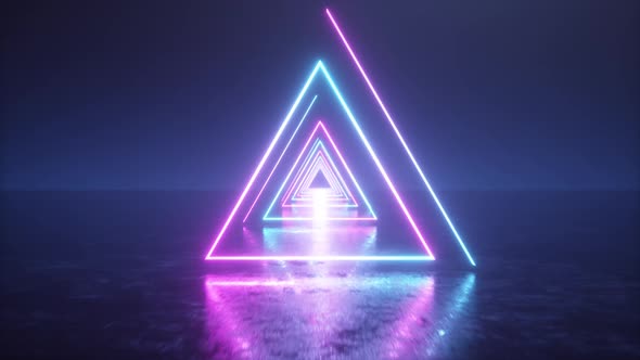 Flying Through Glowing Neon Triangles with Metal Floor, Motion Graphics