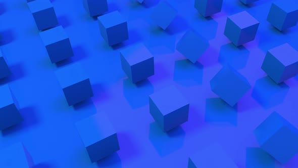Seamless loop of 3D blue cubes rotating on a royal blue background. alt