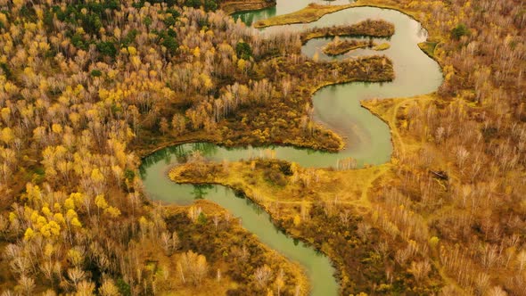 Aerial view of tranquil winding river with green water.