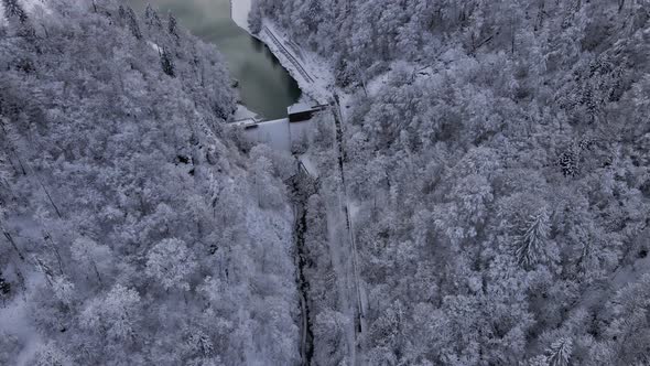 Lake in the Center of the Aerial Shot with Mountains and Trees Surrounding It alt