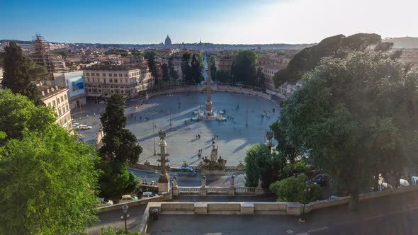 Aerial View of the Large Urban Square the Piazza Del Popolo Timelapse Rome at Sunset alt
