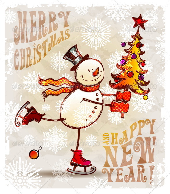 Skating Hand Drawn Snowman With Christmas Tree - Christmas Seasons/Holidays