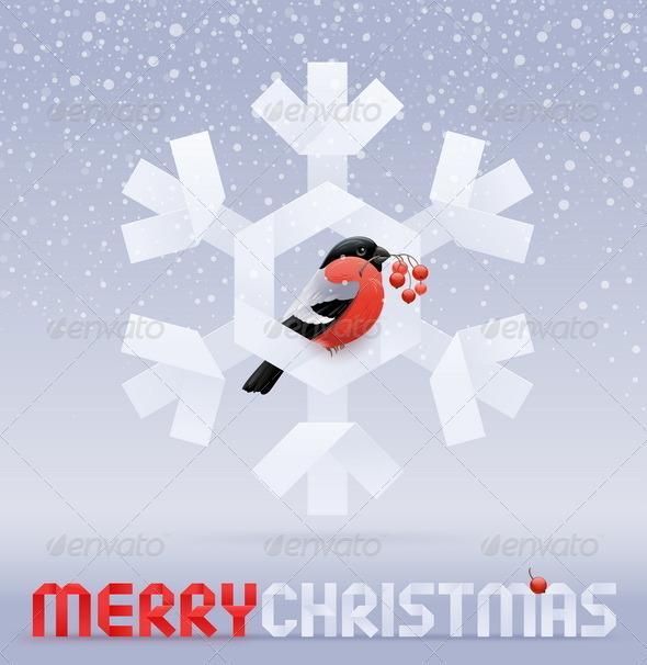 Bullfinch With a Rowan Sits on a Paper Snowflake - Christmas Seasons/Holidays