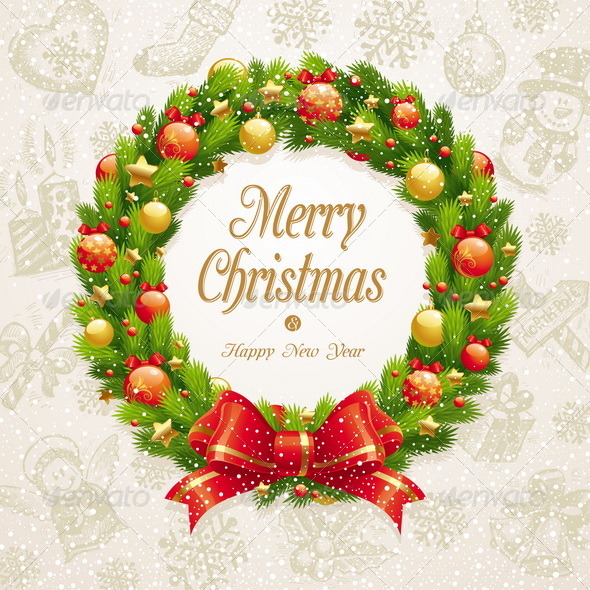 Christmas Wreath on a Hand Drawn Background - Christmas Seasons/Holidays