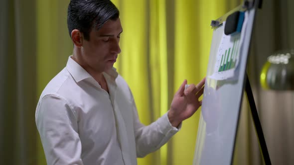 Focused Serious Middle Eastern Man Analyzing Graph on Whiteboard in Home Office alt