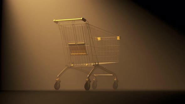 Moody, foggy, dramatic shot of an empty metal shopping cart in a spotlight. 4KHD