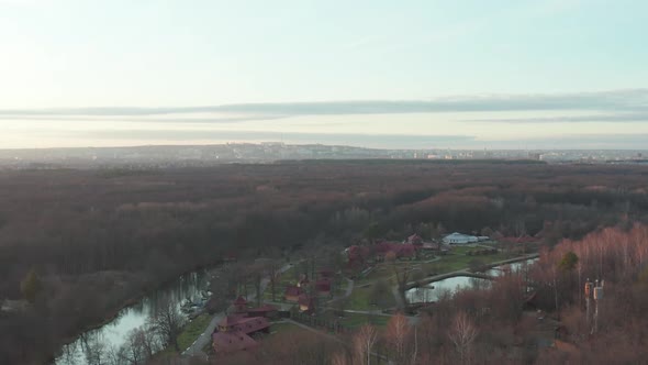 Autumn Cloudy Colorful Landscape in Foggy Weather Deserted Town Park with Row of Trees and Vibrant alt