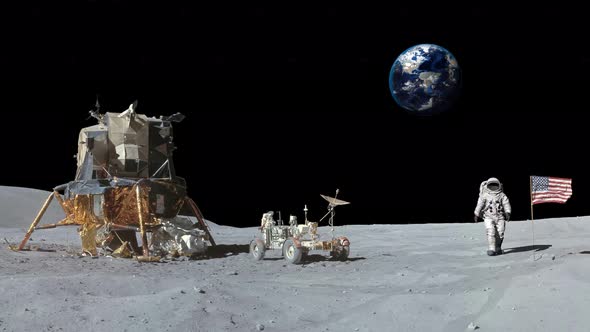 Astronaut Walking on the Moon Sand Saluting the American
