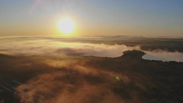 Landscape with Fog in the Morning at the Lake, Majestic Sunrise or Sunset in the Landscape alt