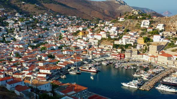 Aerial View of Hydra Old Town and Marina or Seaport Greece  Drone Videography alt
