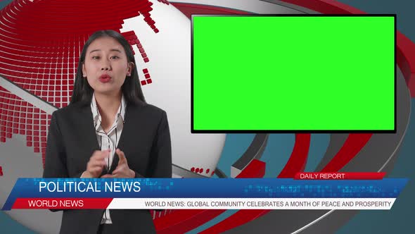 Live News Studio With Asian Professional Female Anchor And Green Screen Television Reporting alt