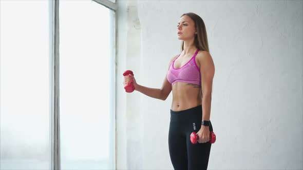 Sporty Young Woman with Dumbbells on Gray Background. She Lifting Dumbbells alt