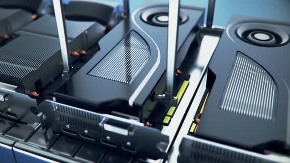 Graphics cards on an assembly line. Automated GPU manufacture in the factory. 4k alt