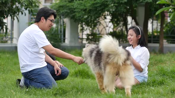 Happy Asian Family Playing With Siberian Husky Dog In The Garden alt