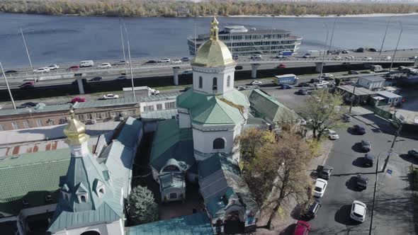 Beautiful and Unique Church in Kyiv Near the Dnipro River Aerial View