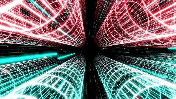 Motion Design Array of Cylinders Camera Flies and Rotates in Digital Scifi Space with Neon Light and alt