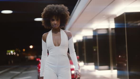 Glamourous Model In 70'S Fashion Walking From Red Ferrari 348 TB alt