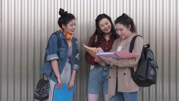 Portrait of a group of asian woman college students talking together outdoors on the street. alt
