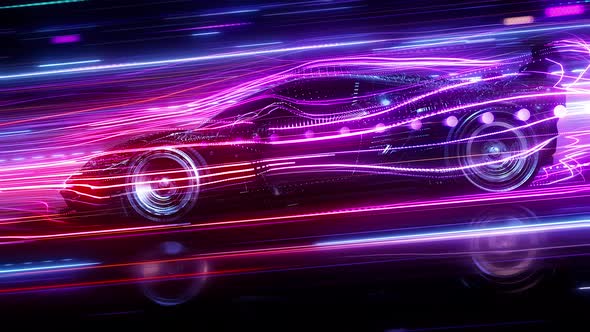 The Silhouette Of A Sports Car Is Driving Fast Along A Technological Highway