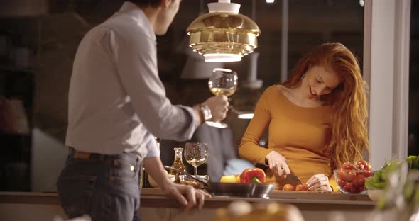 Woman Prepare Dinner at Home While Man Drink Wine alt