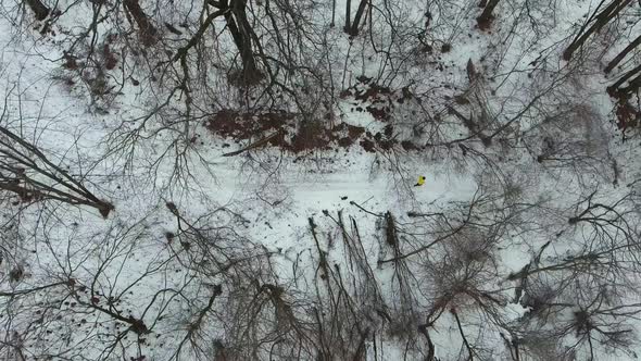 Runner in Yellow Coat Jogging on Snow Covered Ground under the Trees in Winter Day alt