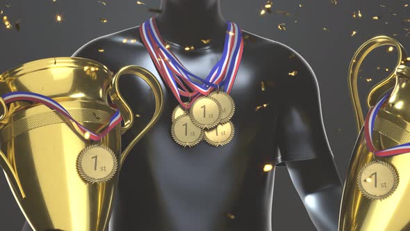 A winner with medals on his chest with gold cups in hands. First prize. Trophies alt